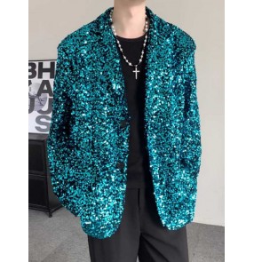 Men youth turquoise sequin jazz dance blazers rapper singer gogo dancers wedding birthday party concert solo performance coat